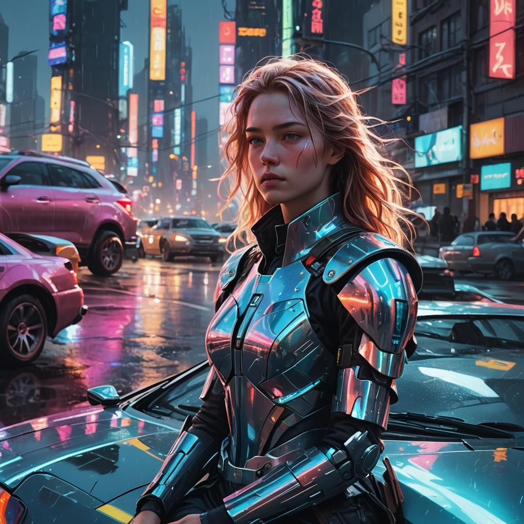 Futuristic Woman and Car in Neon Cityscape