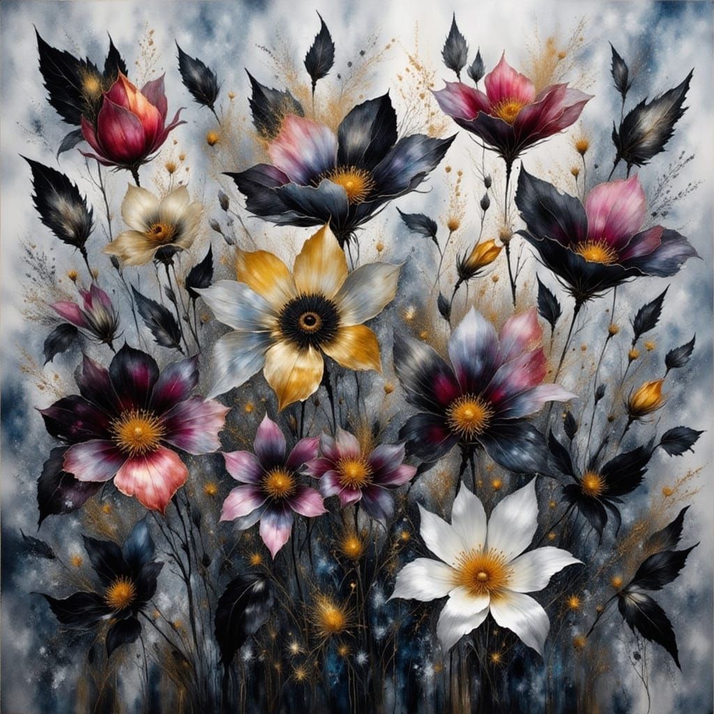 Dramatic Black Flowers Oil Painting