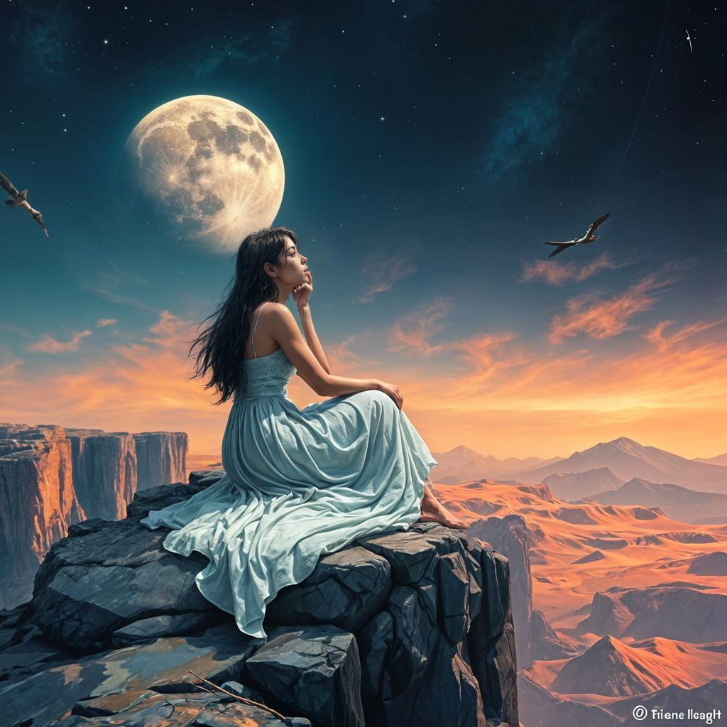 Woman Crying in Lunar Landscape, Hyperrealistic Art