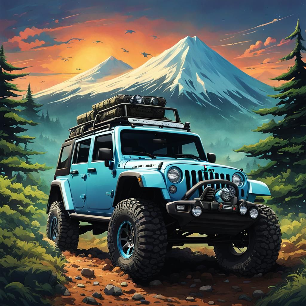 Jeep and Narwhal Off-Road Adventure in Anime Style