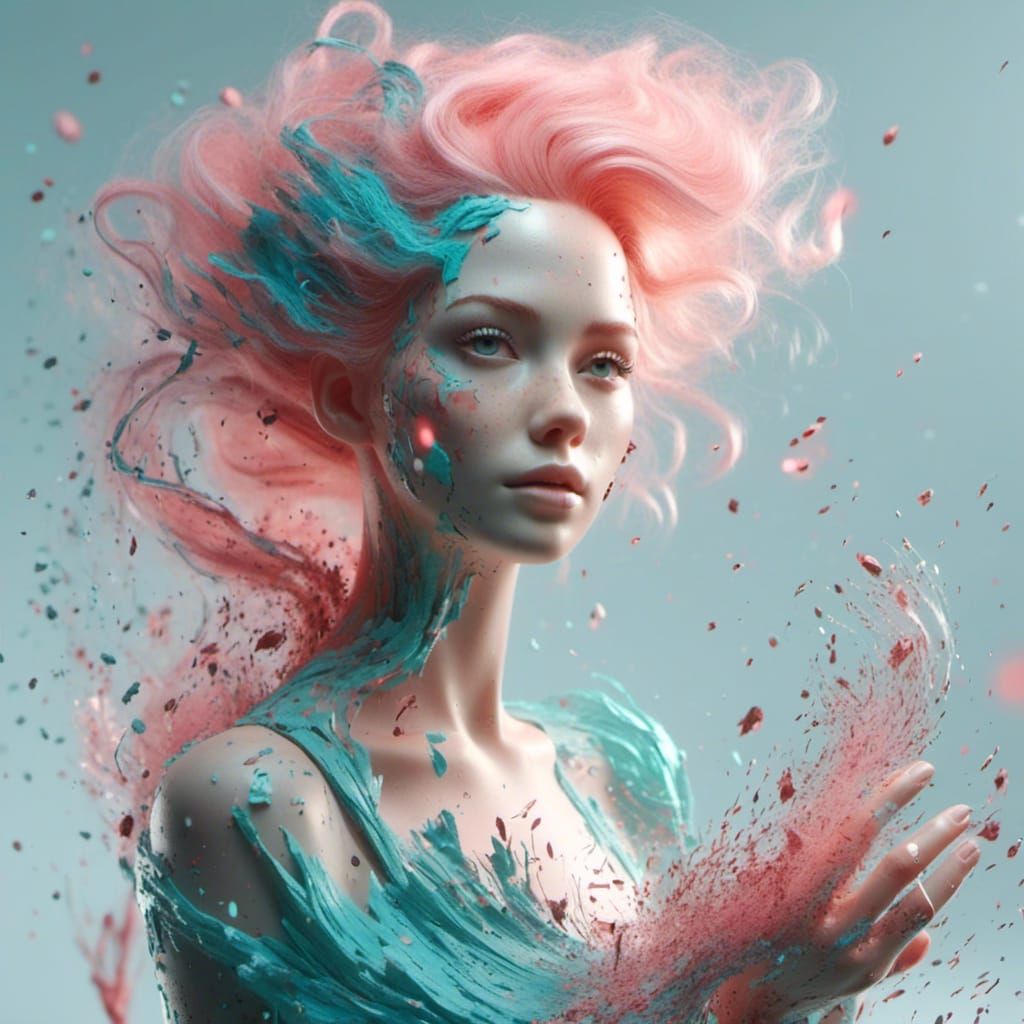 Delicate Woman with Pink Hair in Turquoise Dress