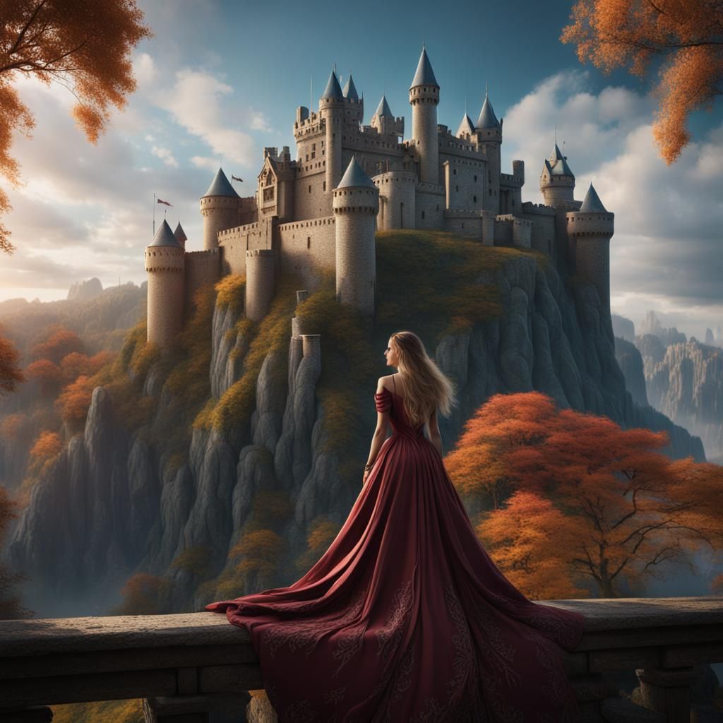 Woman in Flowing Dress Gazing at Castle