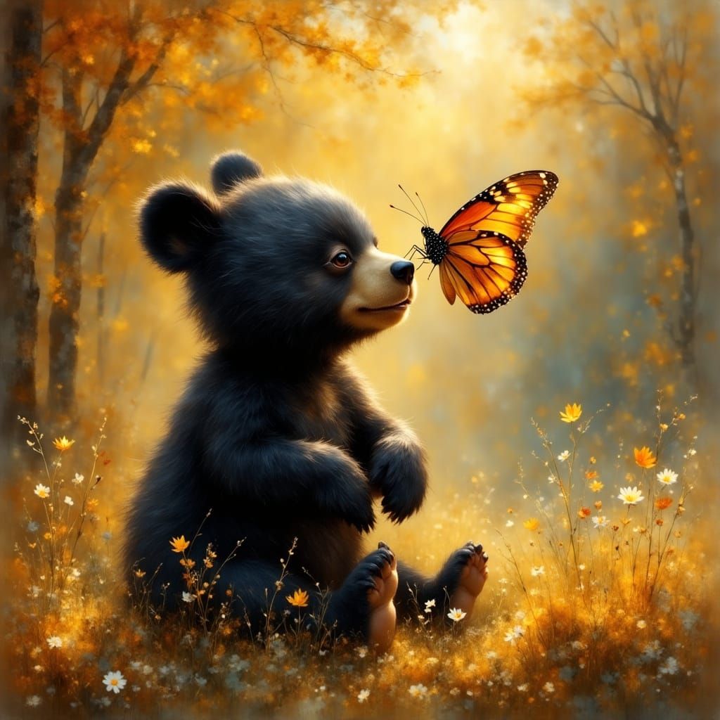 Curious Bear with Butterfly in Autumn Forest