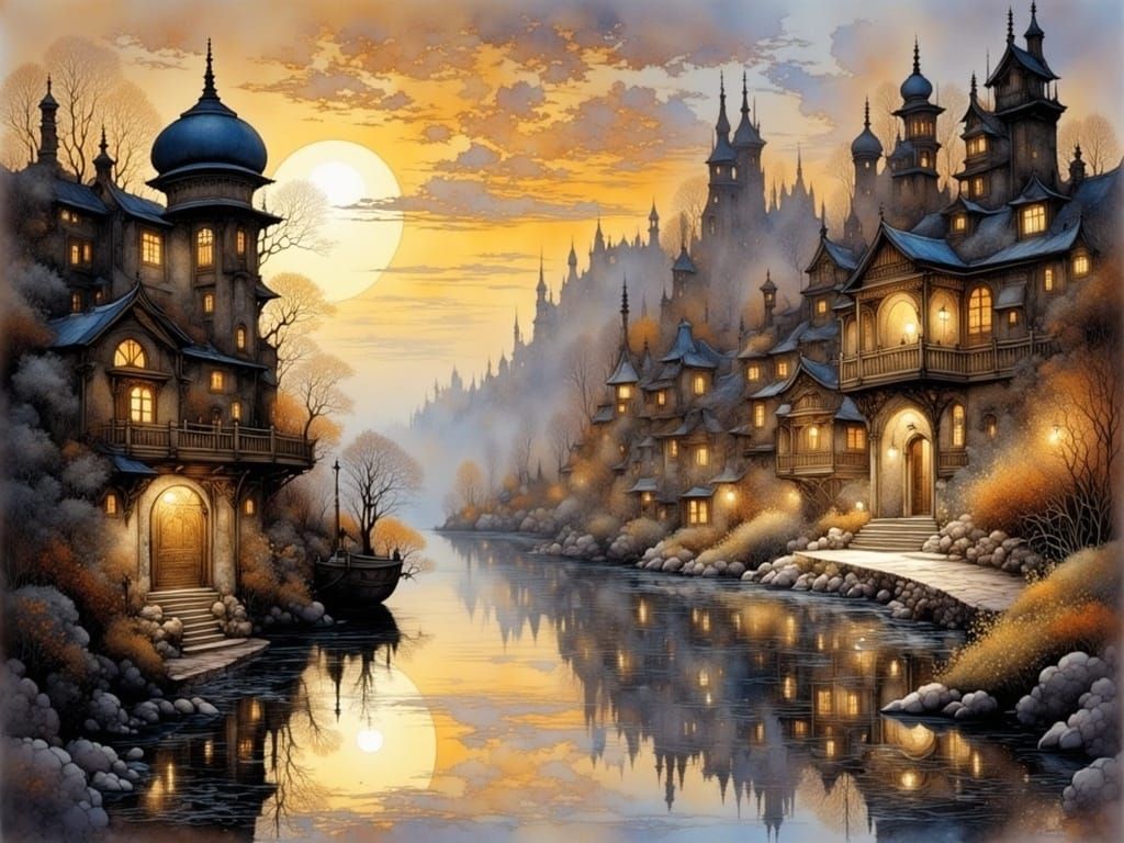 Surreal Arabian Cityscape Reflected in Sunset Lake
