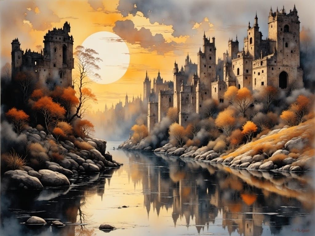 Ancient Arabian City Reflected in Sunset Lake