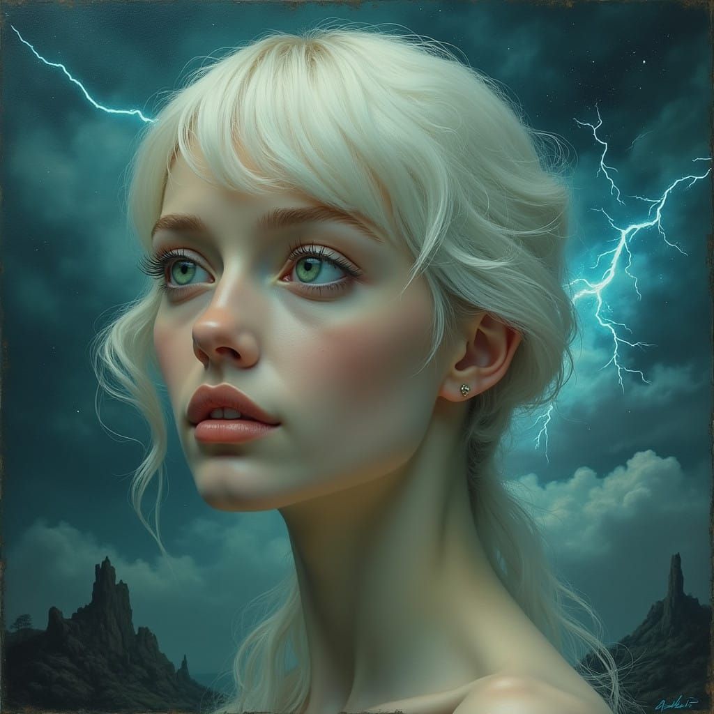 Serenely Gazing Astral Goddess Amidst Thunderous Cosmic Stor...