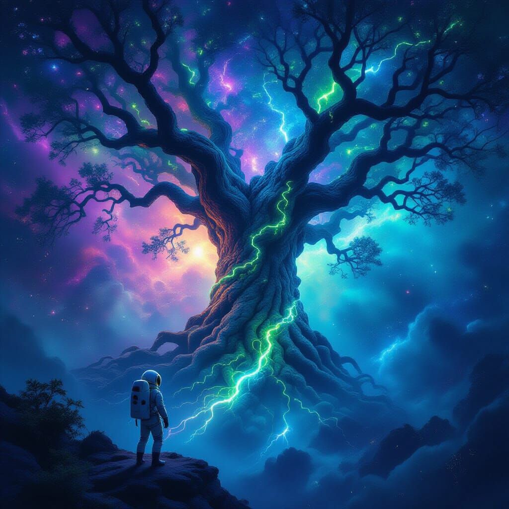 Astronaut Admires Cosmic Tree in Nebula