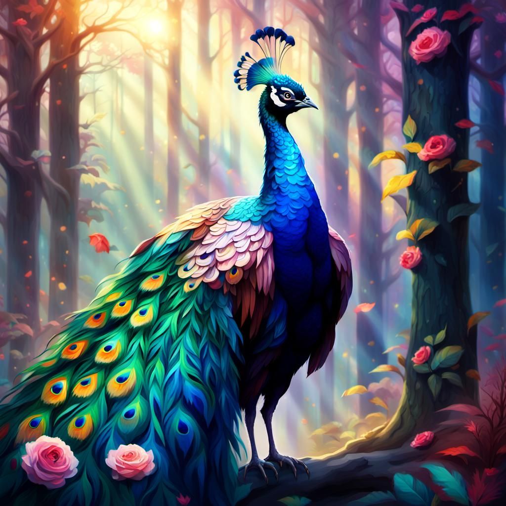 Rose-Crested Peacock in Mystical Forest Clearing