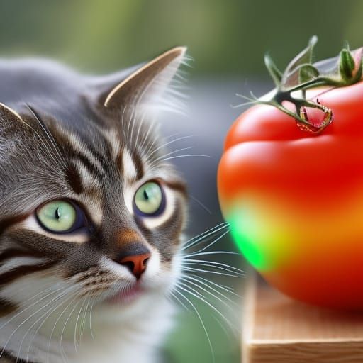 Cute Cat Contemplates Tomato: Action Painting Photography