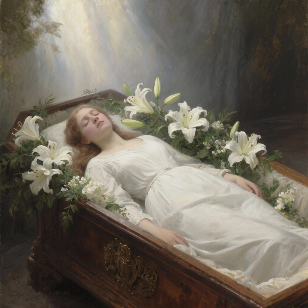 Peaceful Woman in Coffin with Lilies