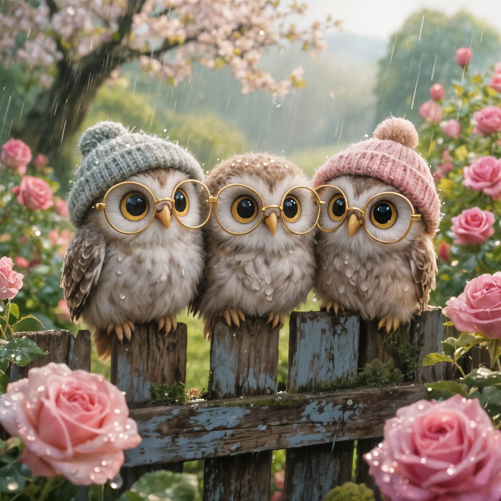 Cute Fluffy Owlets in Beanie Hats and Spectacles
