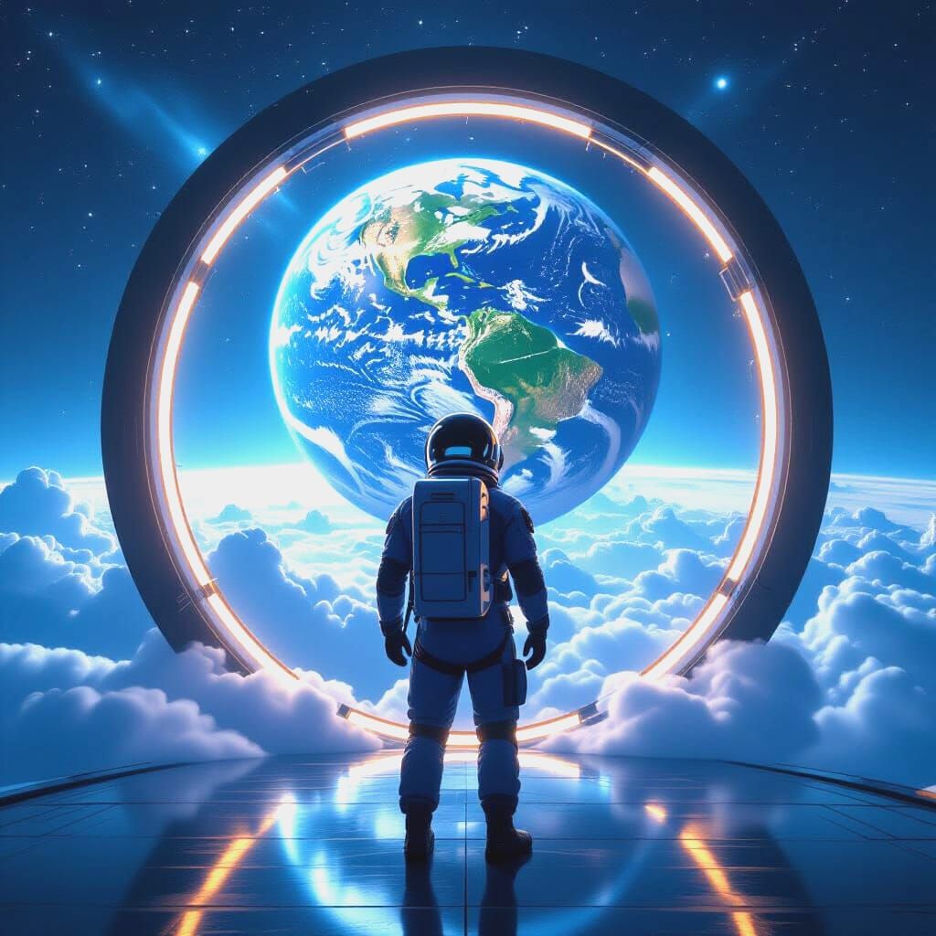 Astronaut Gazing at Earth Through Portal in Hyperrealism