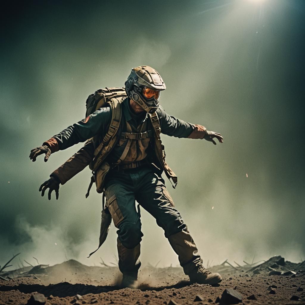 Dramatic Film Still of Man in Safety Position