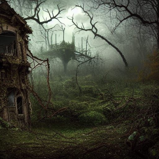 Apocalyptic Overgrown Ruins in Autumnal Woodland