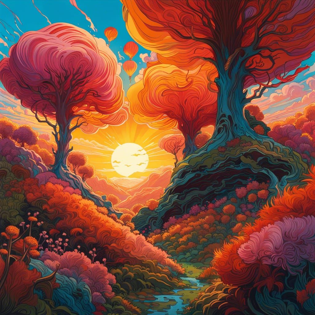 Sunrise Over a Fantastical Tree World