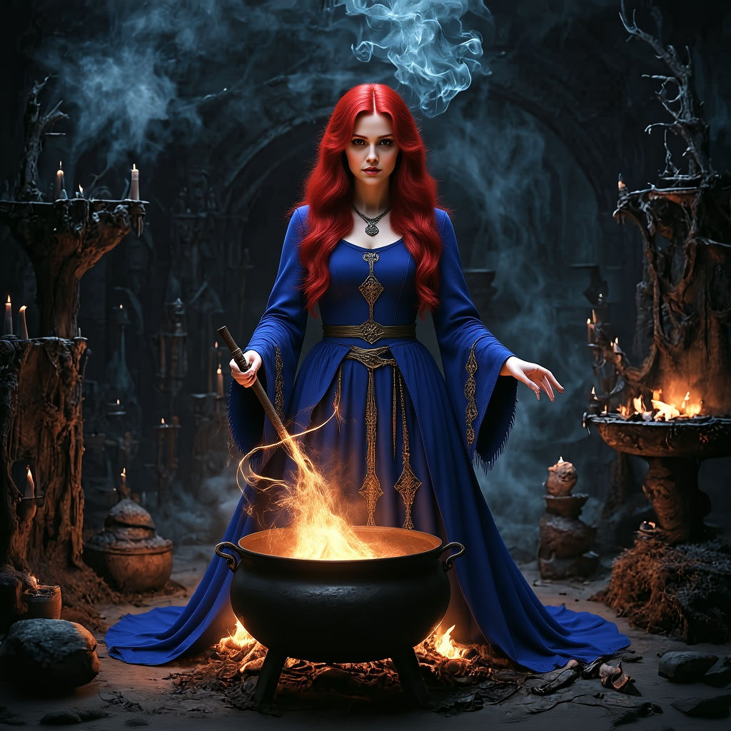 Witch in Shadowy Room with Moonlit Background