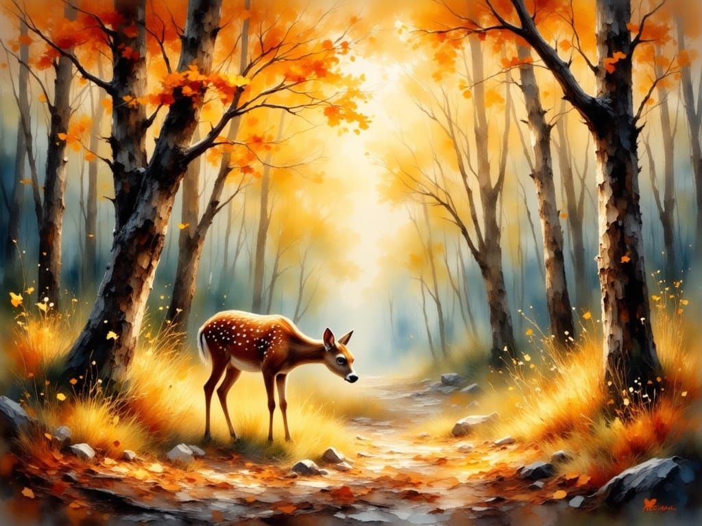 Vibrant Autumn Forest with Gentle Deer
