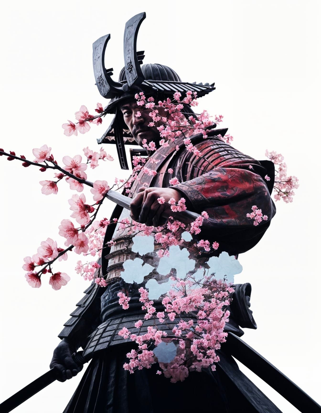 Shogun Silhouette with Cherry Blossoms Double Exposure