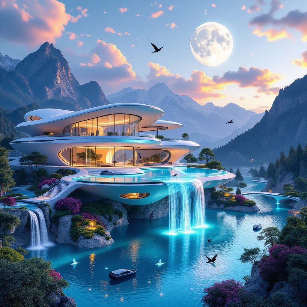 Massive Futuristic Mansion Floating Above Crystal Lake