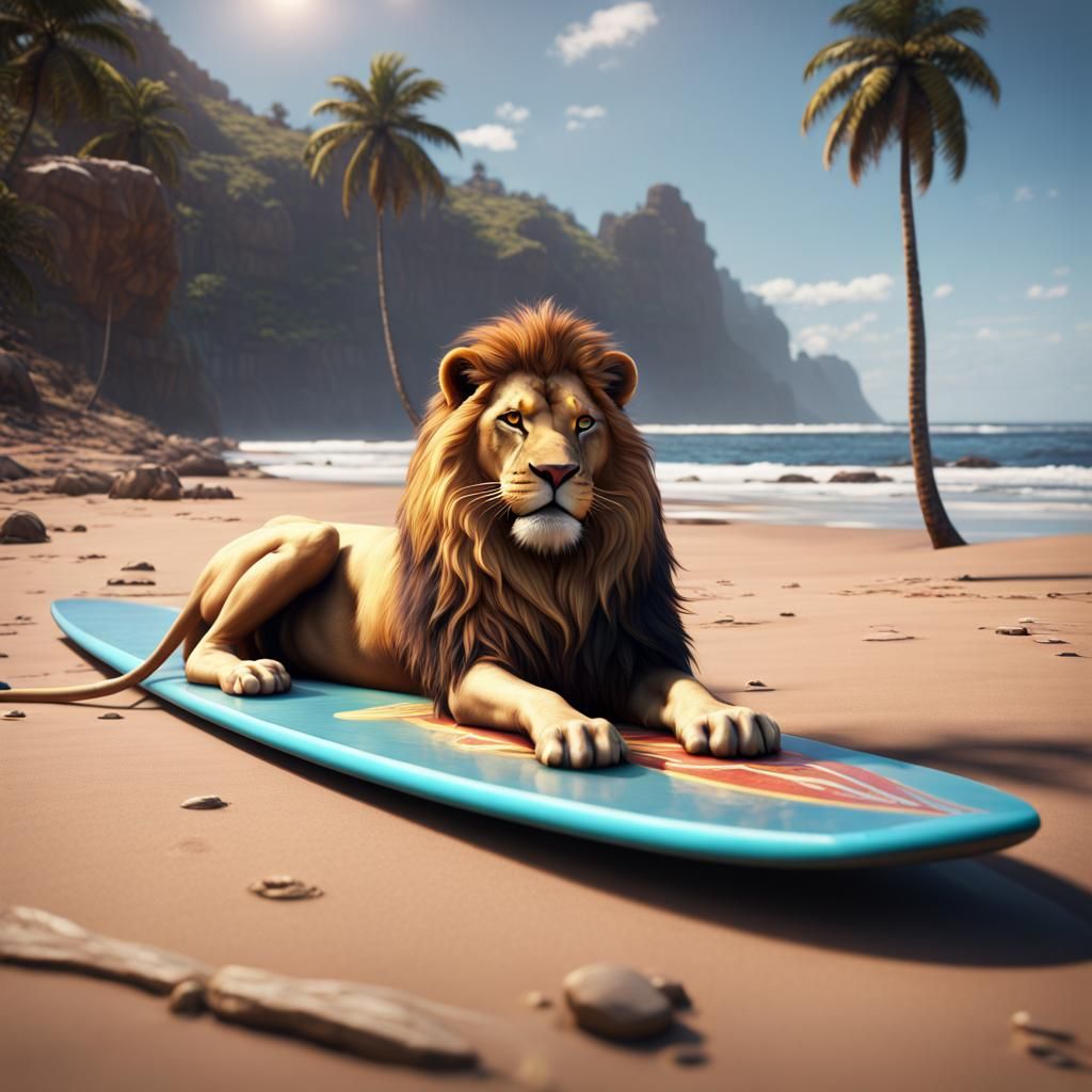 Lion Surfer: Detailed Matte Painting in Deep Color