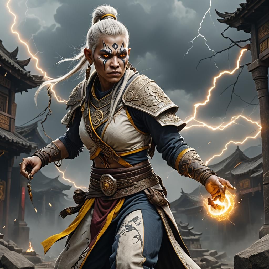 Half-Orc Monk with Lightning Tattoos: Fantasy Art