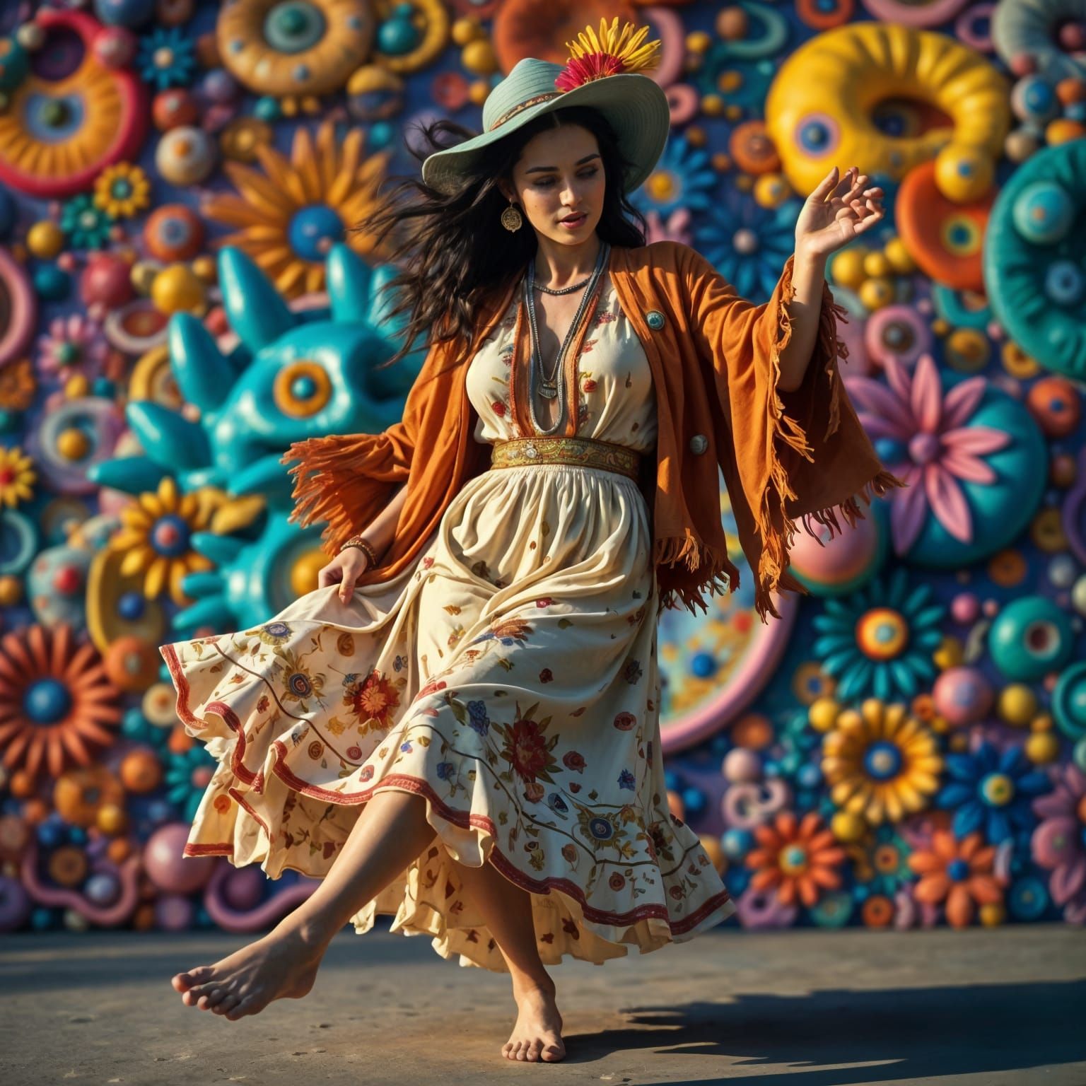 Vibrant Hippie Woman Dancing in Concert
