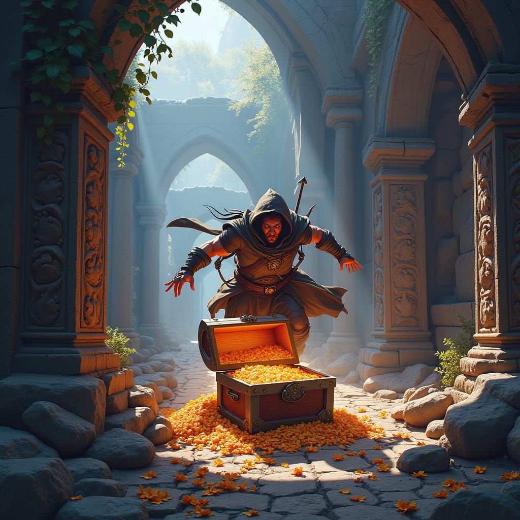 Adventurer Enters Treasure Trove in Dark Fantasy Ruins