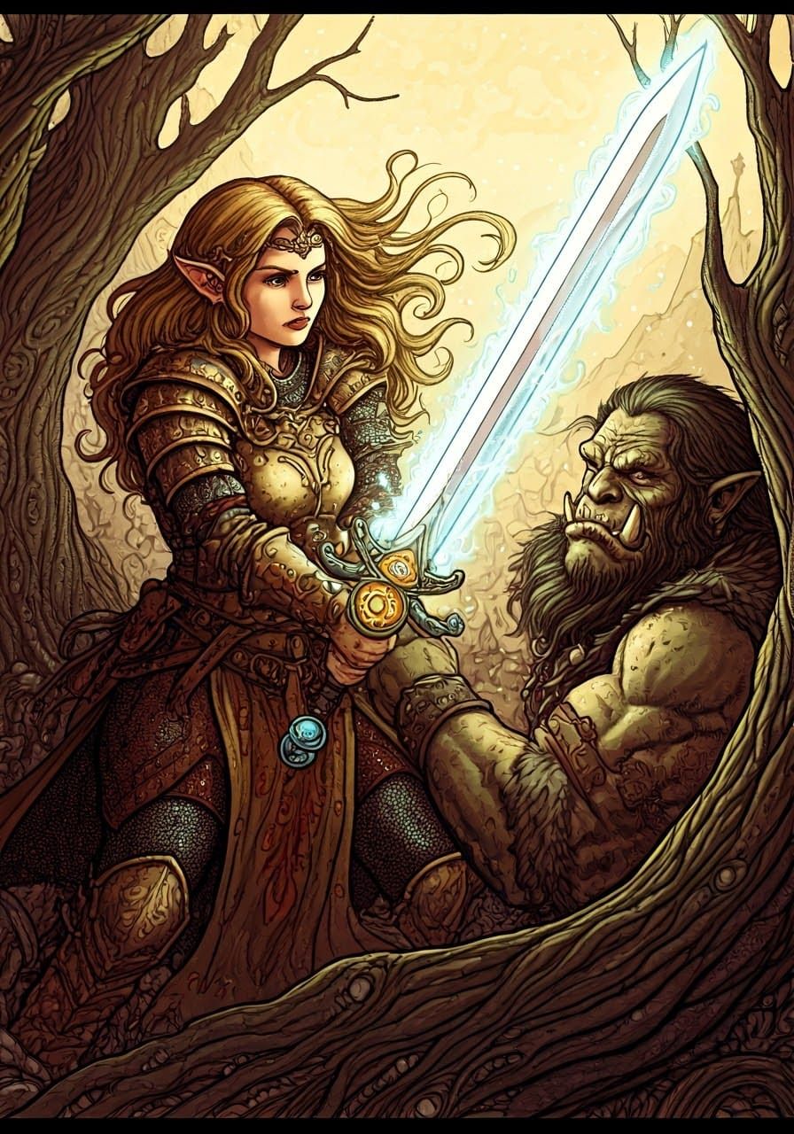 Regal Halfling Maiden Wields Elemental Broad Sword in Whimsi...