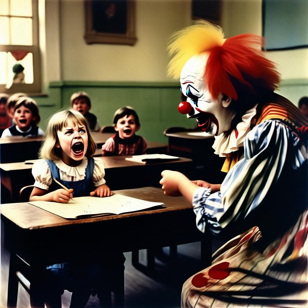 Girl Scolds Clown in Vintage Photograph