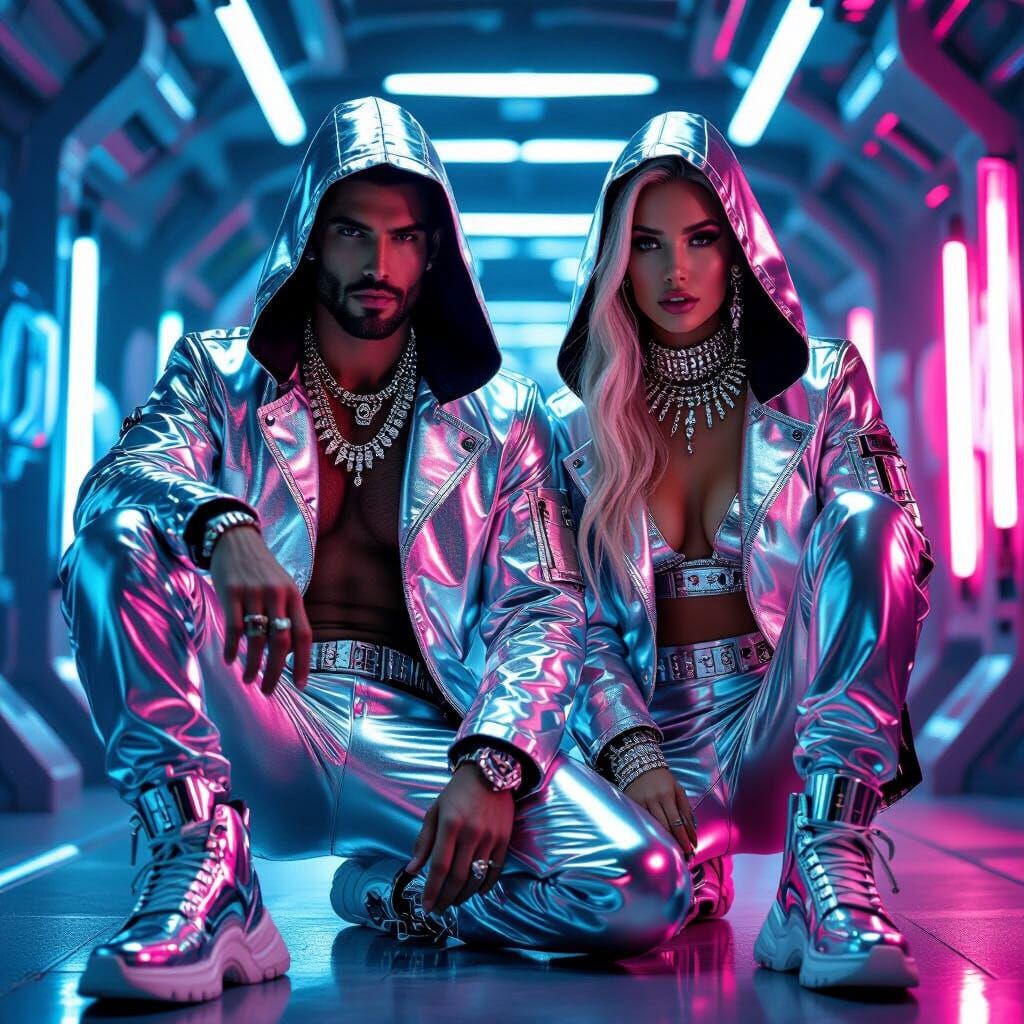 Futuristic Couple in Silver Sci-Fi Fashion