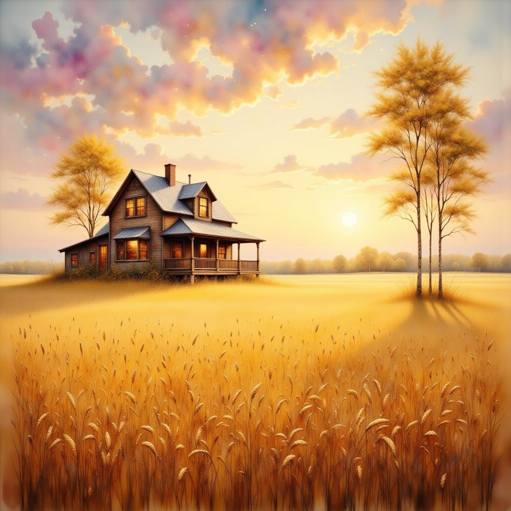 Serene Golden Wheat Landscape with Rustic Farmhouse