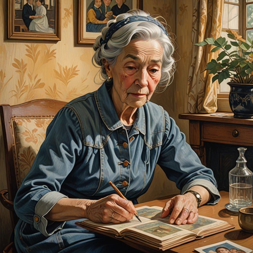Elderly Woman Reflects on Family Memories in a Warm, Golden-...