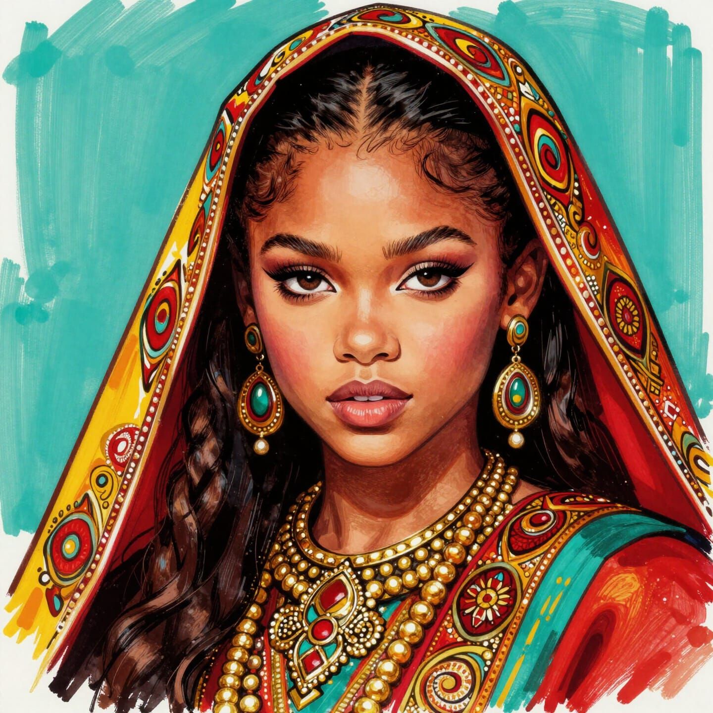 Vibrant Voodoo Sorceress Portrait in Bold Style