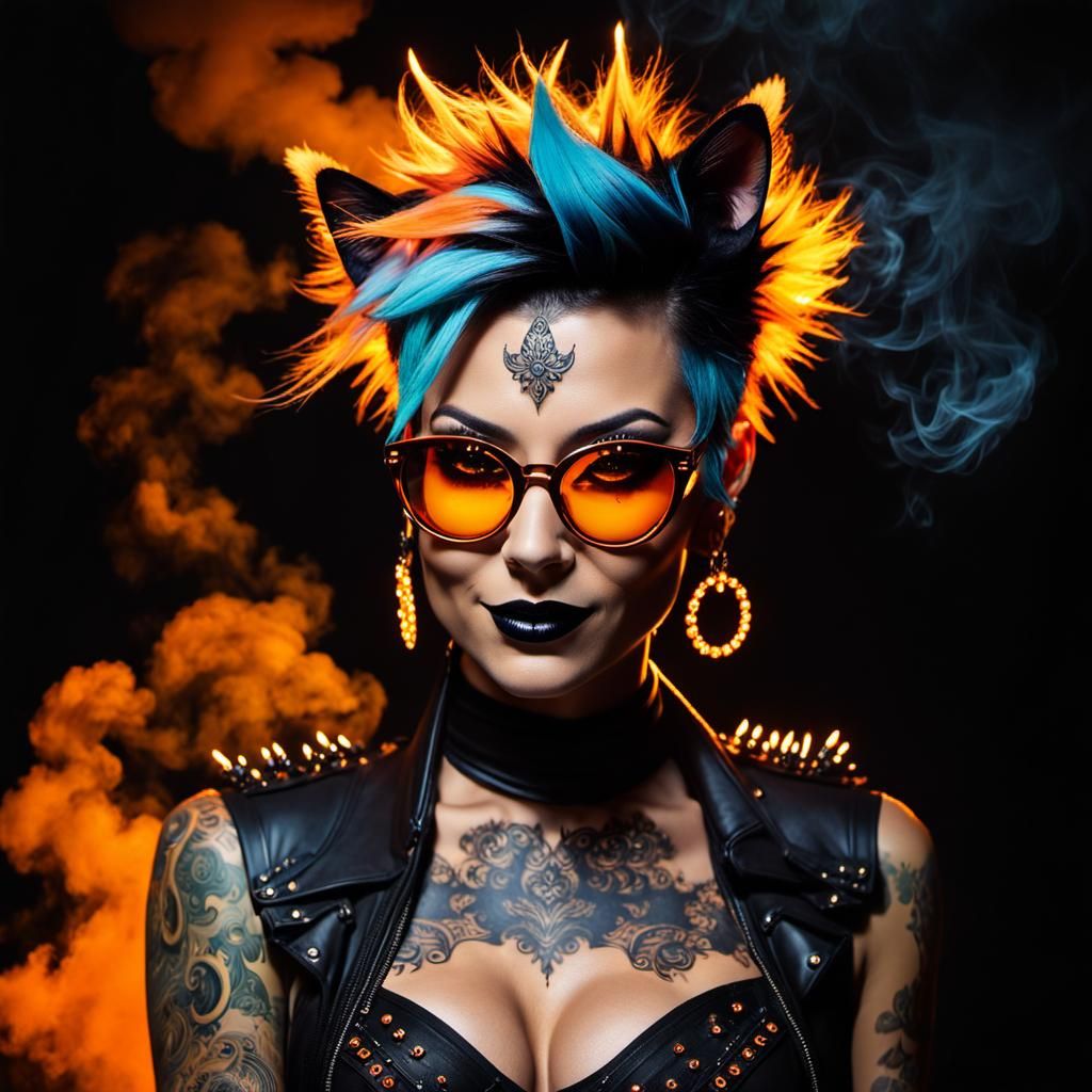 Gothic Cat-Girl with Mohawk in Psychedelic Art Style