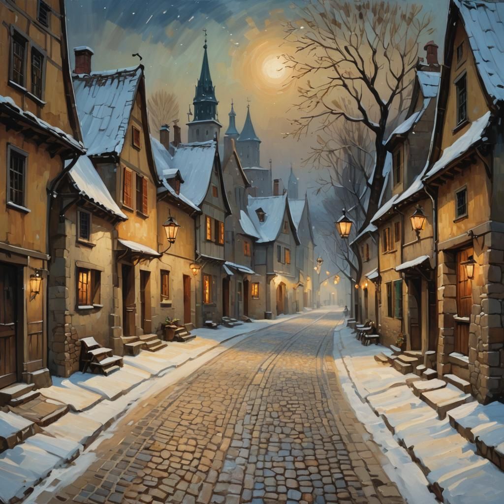 Snowy Medieval Village Street at Night