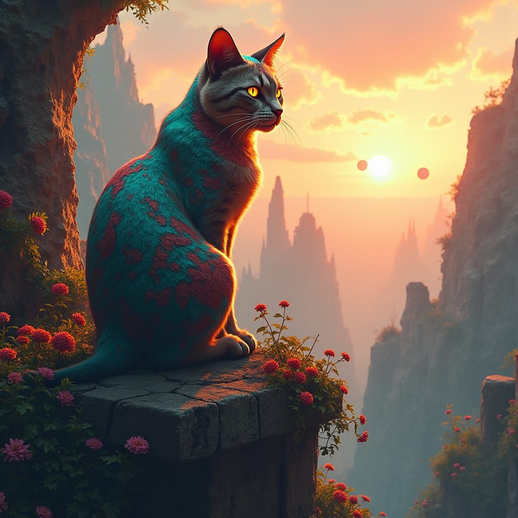 Futuristic Cat Guardian in a Lost City