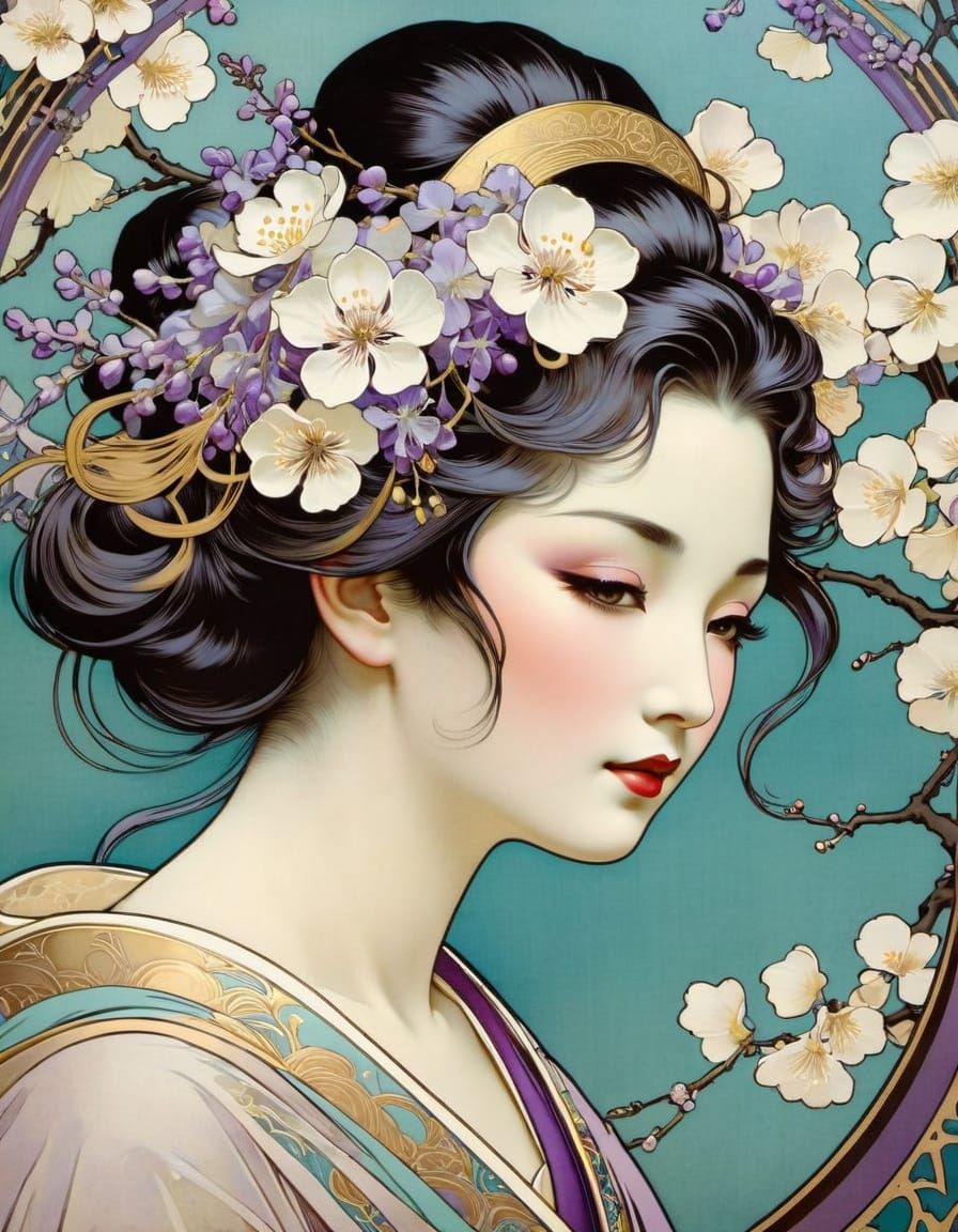 Geisha Surrounded by Blossoms in Art Nouveau Style