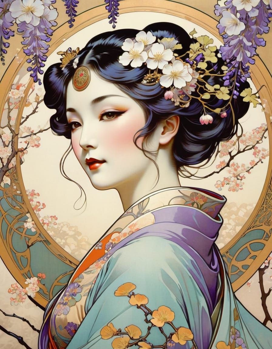 Geisha in Art Nouveau Poster Style