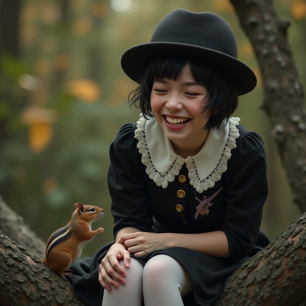 Young Woman Laughing in Tree with Bowler Hat