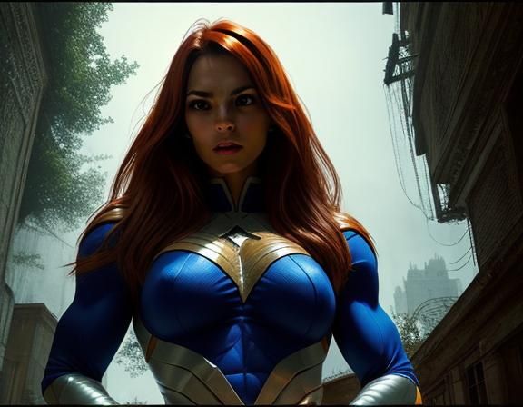 Muscular Superhuman Woman in Decopunk Comic Style