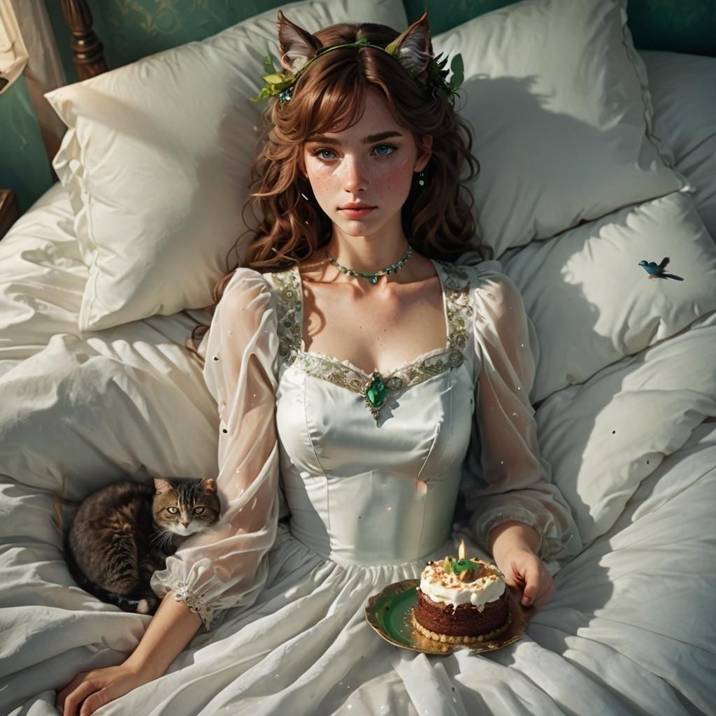 Ethereal Cat-Girl in Bed with Bird, Fantasy Art
