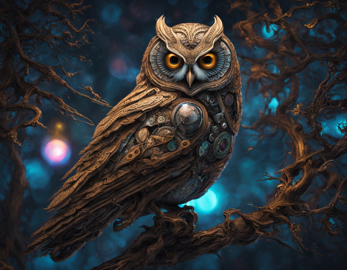 Clockwork Owl on Binary Code Branch in Nebula