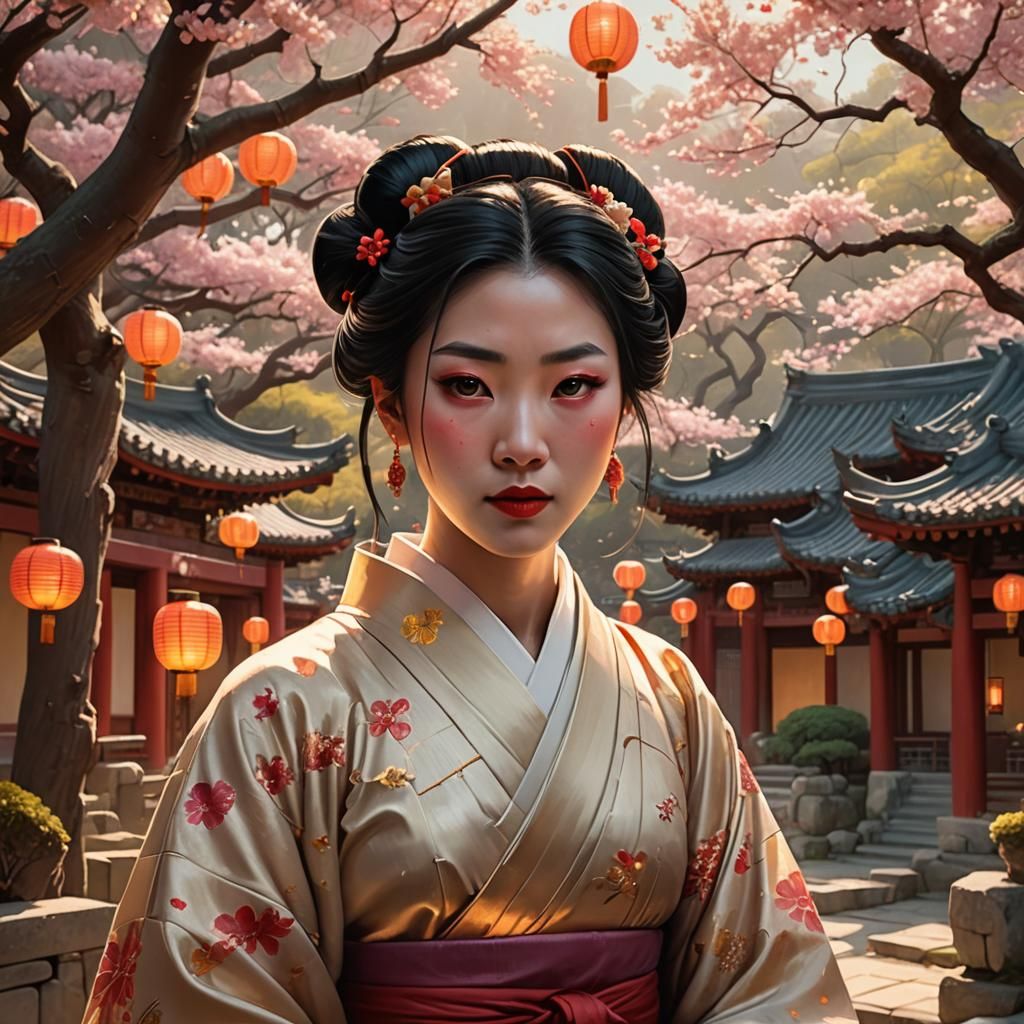 Geisha in Chinese Garden with Cherry Blossoms