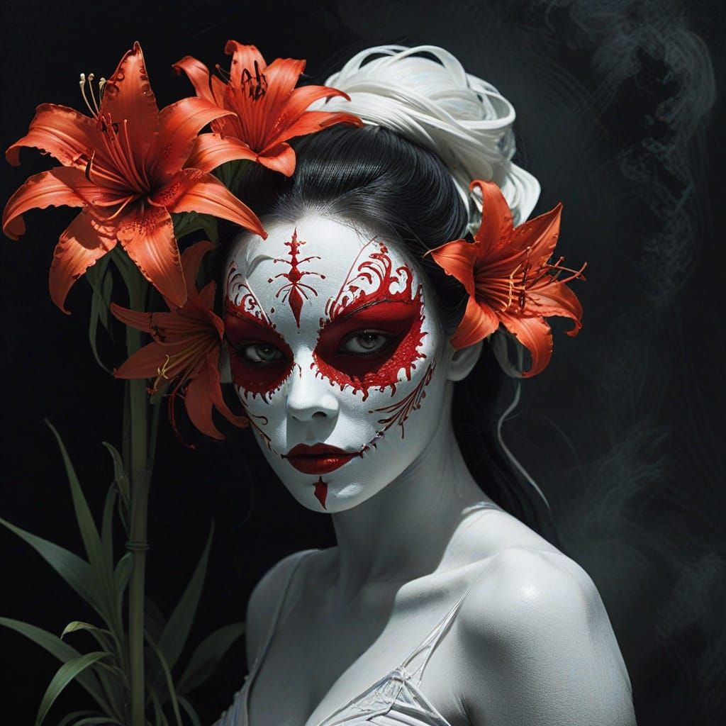 Woman in White Mask with Red Spider Lilies
