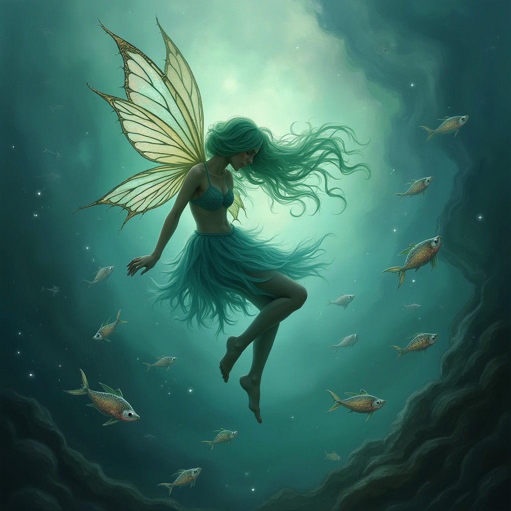 Ethereal Fairy Surrounded by Bioluminescent Fish