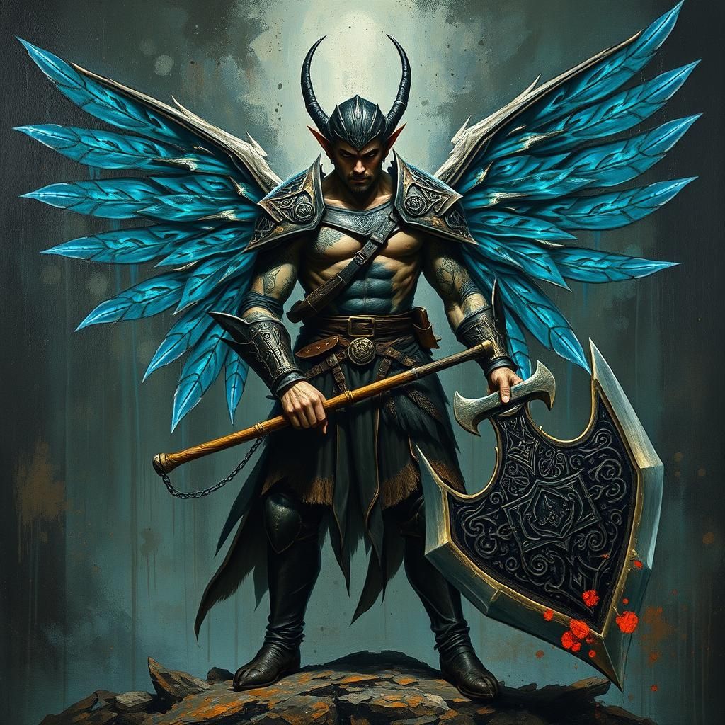 Winged Elf Executioner with Axe: Impasto Art Deco Style