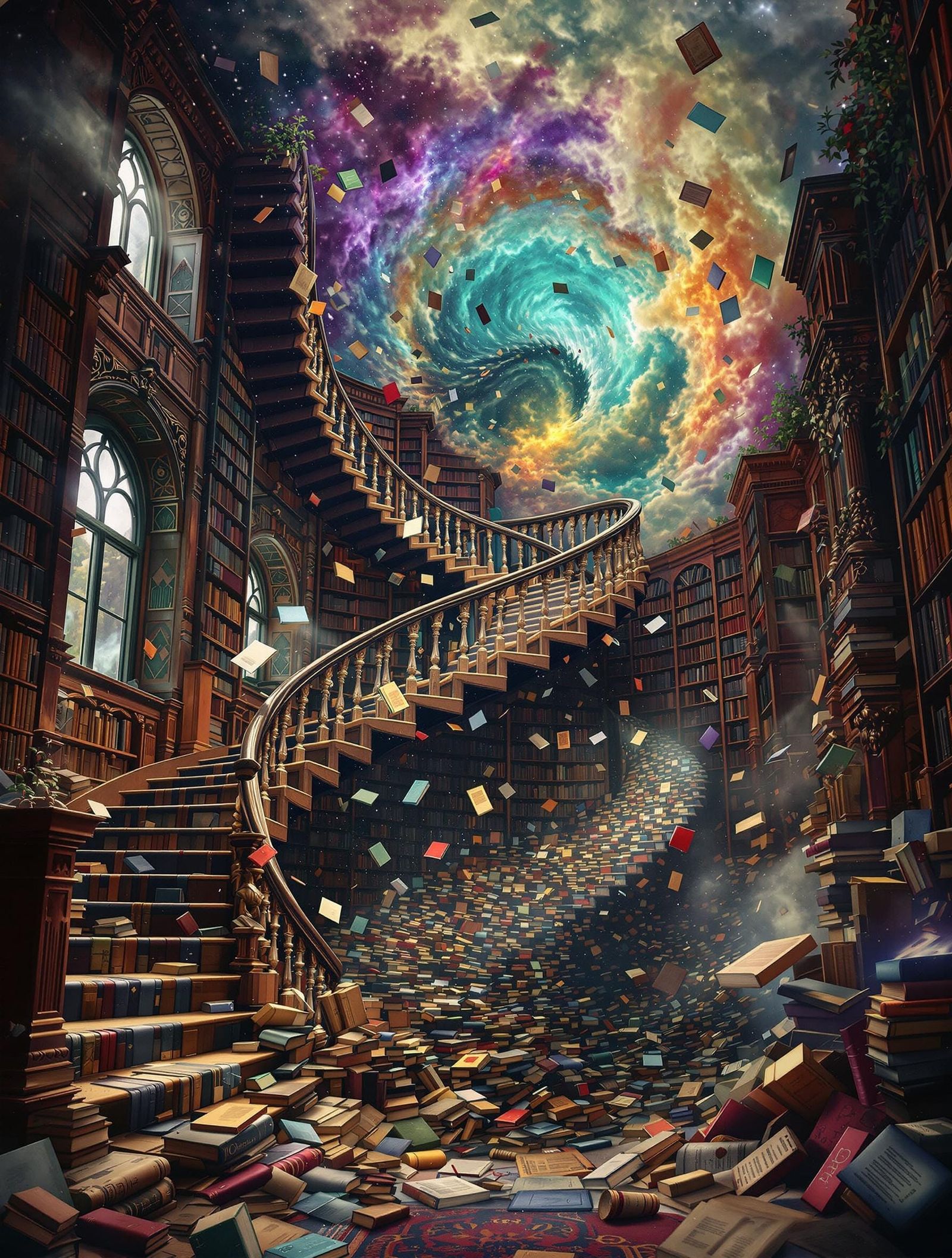 Surreal Digital Artwork: Timeless Library in Whirling Chaos