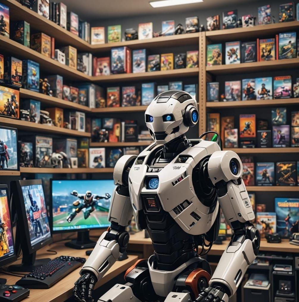 Happy AI Robot Playing Video Games