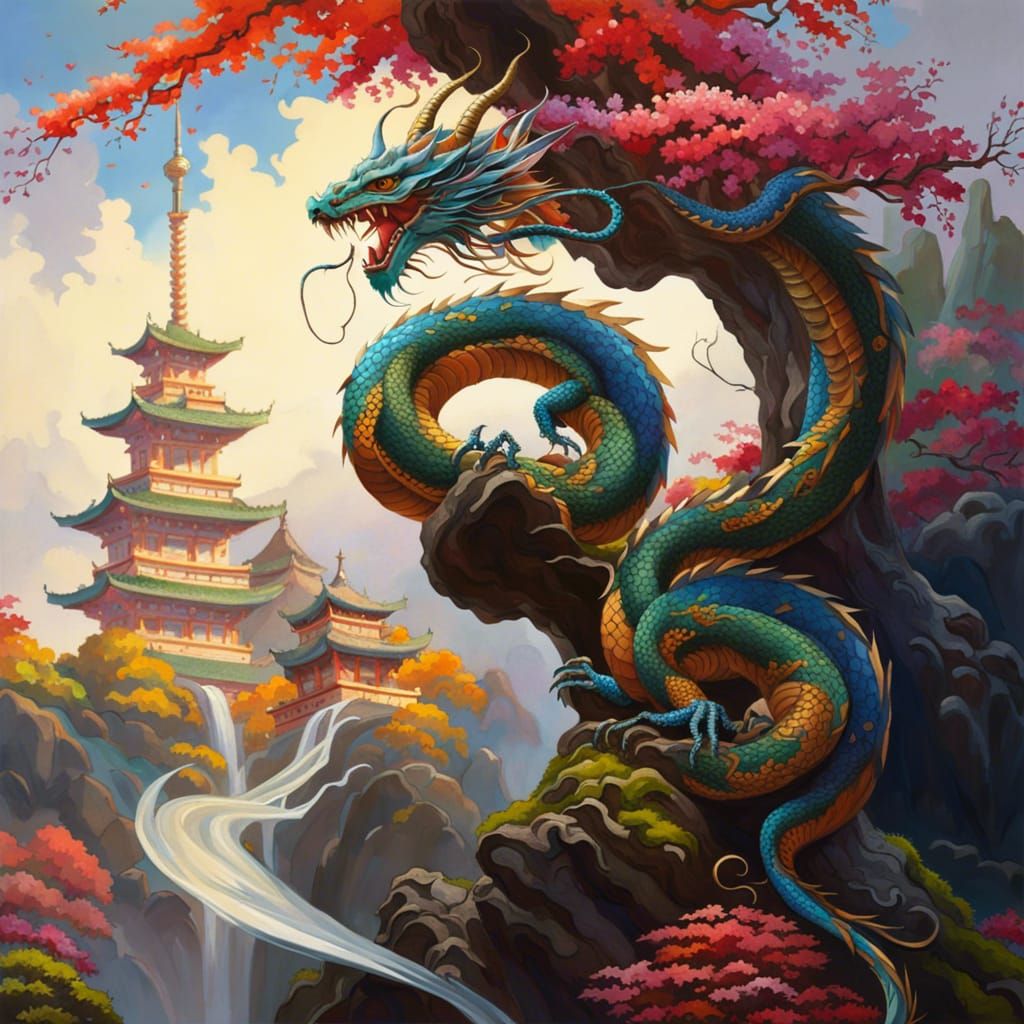 Japanese Dragon Wrapped Around Bonsai Tree