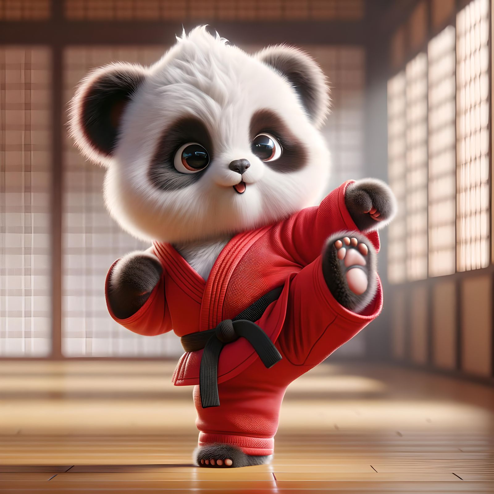 Charming Chibi Panda Kicks High in Karate Uniform